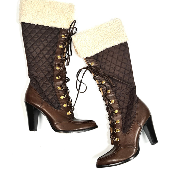 Michael Kors Womans Boots Brown Quilted Heeled Cream Sherpa Trim Size 10 - Picture 1 of 9